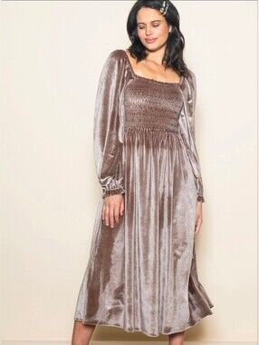 Smocked Velvet Midi Dress - Taupe